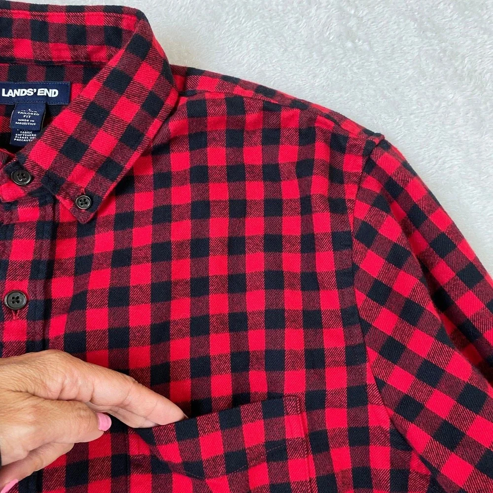Lands End Flannel Shirt Mens L Red Black Buffalo Plaid 100% Cotton Tailored Fit